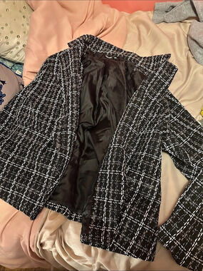 SHEIN Black and White Plaid Tweed Open Front Blazer